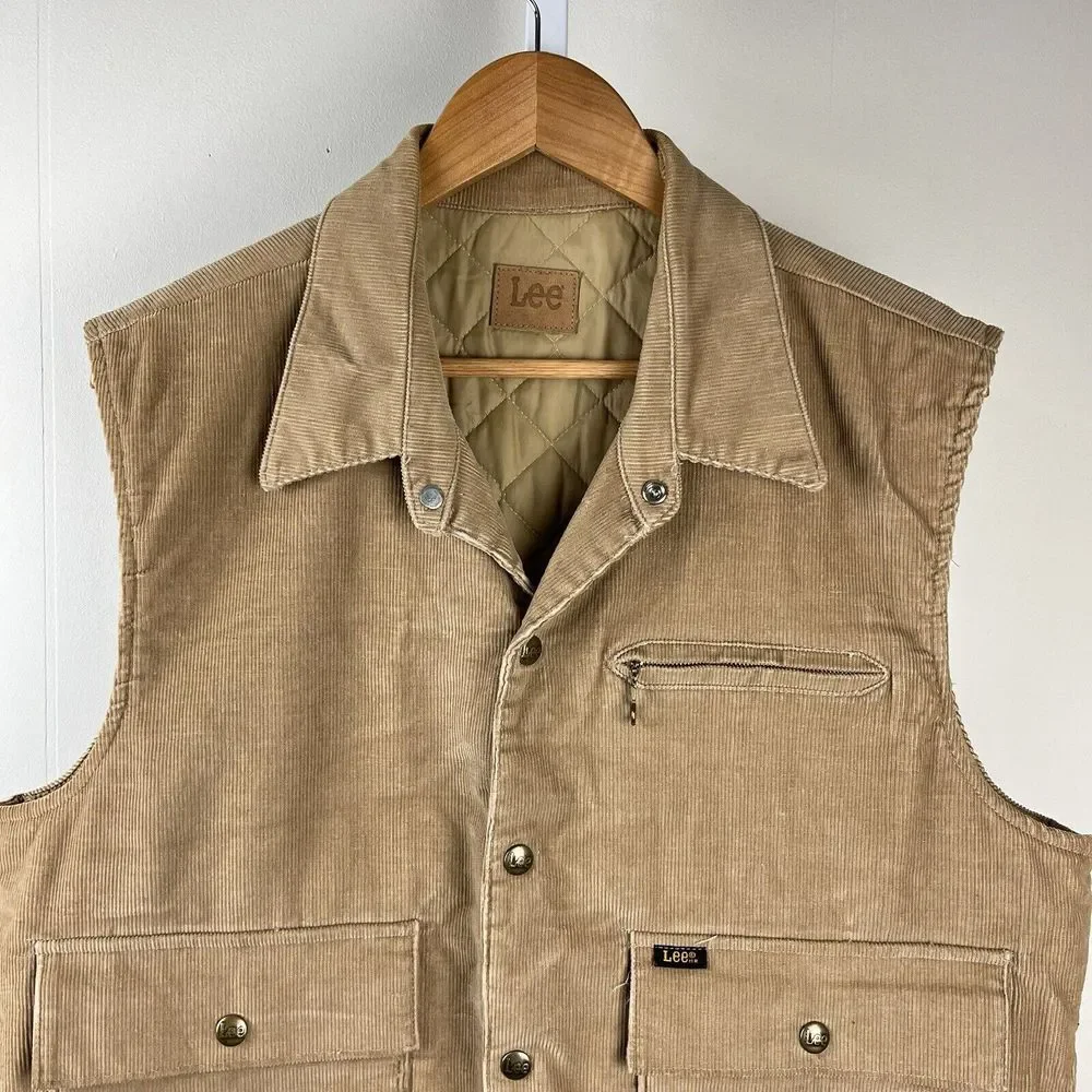 Vintage 70s Lee Corduroy Vest Tan Quilted Lining USA Retro Indie Mens Large